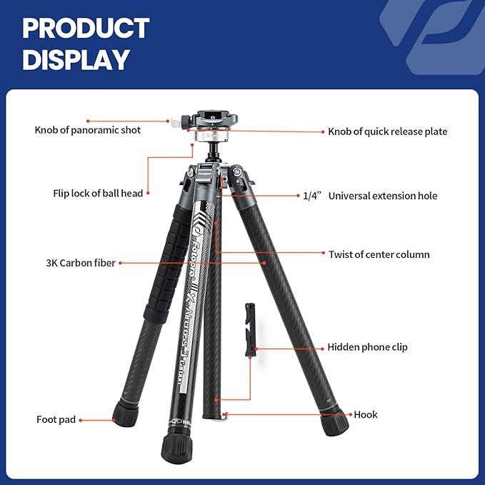 Fotopro Carbon Fiber Tripod 1.7lbs Ultralight 62 Inch Portable Compact Travel Tripod for Camera DSLR Load up to 22lbs X-Aircross 3 Lite Grey