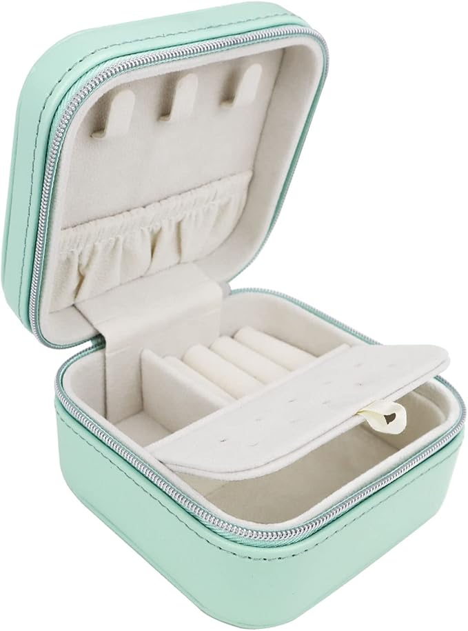 PU Leather Travel Small Portable Mini Travel Jewelry Organizer for Rings Necklaces Earrings and Lipstick Green