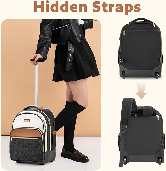 Small Rolling Backpack for Women, Lightweight Travel Backpack with Wheels, Roller Backpacks for Adults, Water Resistant Rolling Laptop Bag, Wheeled Underseat Carry On Luggage, Beige Brown