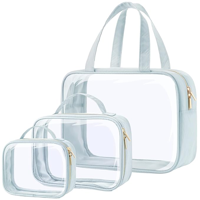 PACKISM Clear Toiletry Bags - 3 Pack Makeup Bags with Handle, Large Opening, Waterproof Cosmetic Bags for Travel Essentials, Grayish Blue