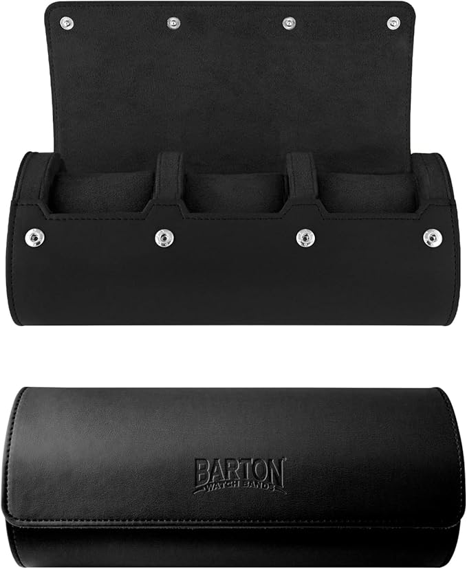 Barton Leather Watch Roll for 3 Watches | Convenient Organizer Case for Travel & Storage | Fits Classic & Smart Watches (Up to 46mm) | Compact, Durable, Lightweight, Stylish - Black