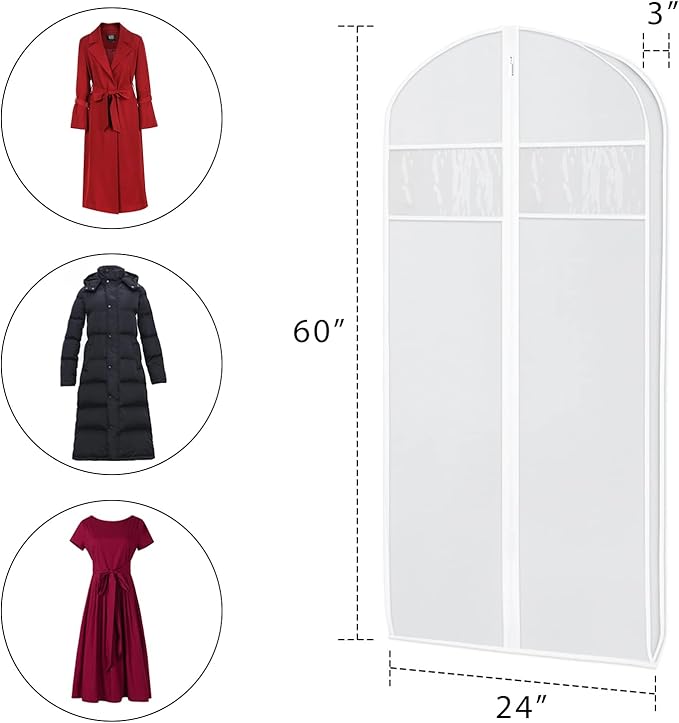 Zilink 60-Inch Long Dress Garment Bags for Storage With 3" Gusset - Clear Coat Cover Bag for Gowns and Closet Storage
