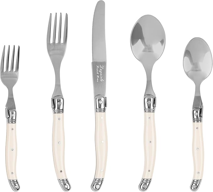 French Home Laguiole 20 Piece Flatware Set – 18/10 Stainless Steel Flatware Set for 4 – Luxurious Ivory-Colored Utensil Set w/Knives, Spoons and Forks