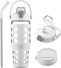 MUKOKO 32 oz Glass Tumbler with Straw,Glass Water Bottles with Time Marker,Iced Coffee Cup with 2 Lids-Handle Spout Lid&Straw Lid,Silicone Sleeve,Leakproof,1 Pack-White