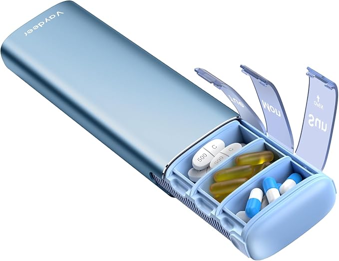 Vaydeer Metal Travel Pill Organizer, 7 Day Weekly Pill Box, Large Capacity Daily Cute Pill Case for Supplements, Pills, Vitamins and Medication (Small,Blue)