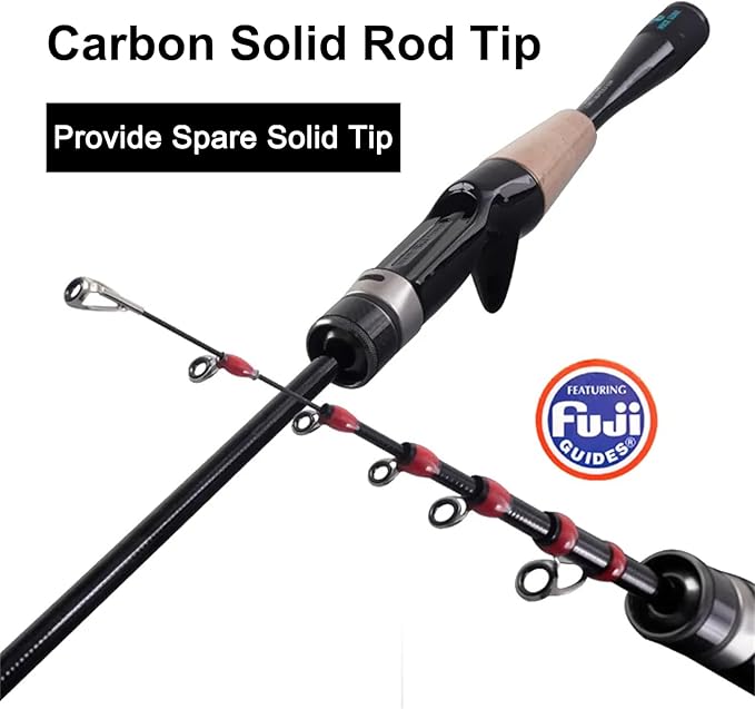 PURELURE Telescopic Fishing Rod Ultralight or Light, Carbon Fiber Rod Spinning & Casting, Fuji Alconite Ring and Reel Seat, One-Piece Mixed Carbon/4A Cork Handle, Spare Solid Tip, Portable Travel Rod