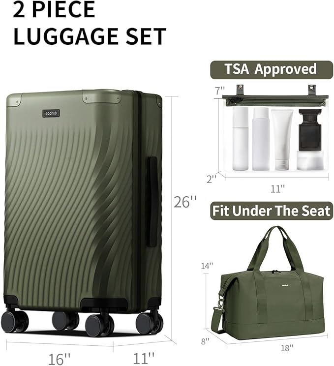 ECOHUB Hardside Expandable Carry On Luggage, Recycled PC 24" Rolling Luggage 26x16x11 Airline Approved with Spinner Wheels& TSA Lock, Lightweight Hardshell Travel Suitcase, 24inch Carry-on Green