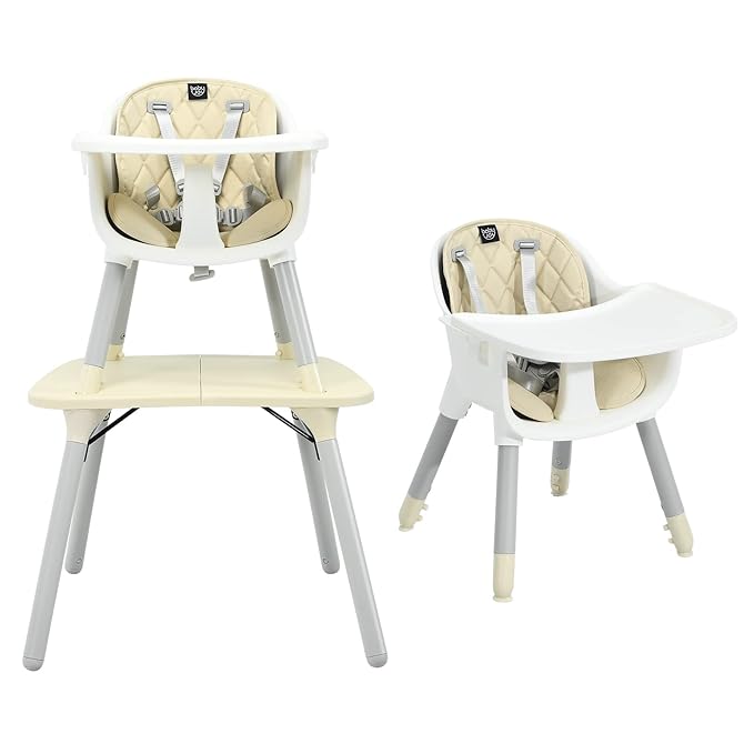 HONEY JOY 5-in-1 High Chair, Convertible Highchair for Babies and Toddlers/Kids Chair Table Set/Infant Feeding Chair w/Safety Harness, PU Leather Cushion & Removable Food Tray (Beige)