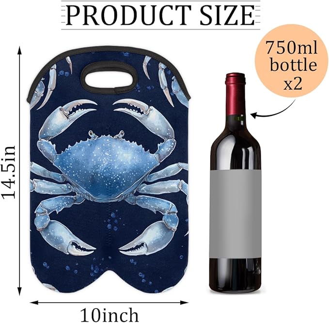 Neoprene Wine Tote, Bottle Carrier Gag Insulating Neoprene Thicker, Insulated Wine Bag for Travel Holds Two Bottles, Bottle Carrier Bags Protect the Bottles, Blue Crab