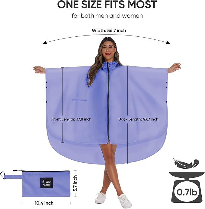 PTEROMY Hooded Rain Poncho for Adult with Pocket and Zipper, Waterproof Lightweight Raincoat for Men and Women