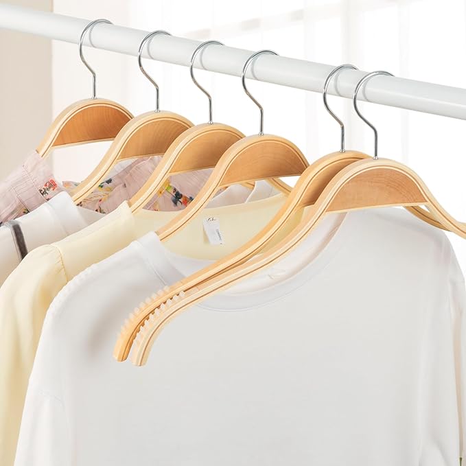 TOPIA HANGER Slim Natural Wood Hangers with Extra Soft Non-Slip Rubber Grips, 18-Pack High-Grade Fashion Hanger No Shoulder Bump for Sweater, Camisole, Jacket, Dress, Coat -CT16N