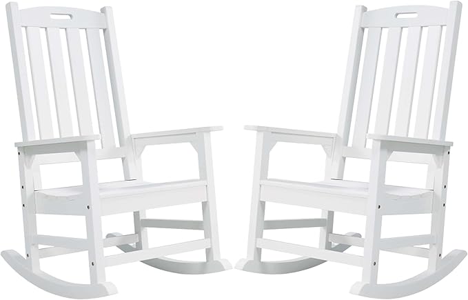 Psilvam Oversized Outdoor Rocking Chair Set of 2, Porch Rocker with 21" Wide Seat and 32" Tall Backrest, Pre-Assembled with Most Components for Effortless Installation (White)