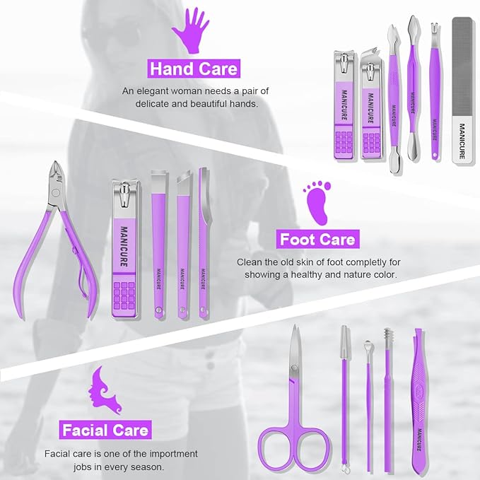 Manicure Set Professional Nail Clippers Pedicure Kit, 16 pcs Stainless Steel Nail Care Tools Grooming Kit with Luxurious Travel Leather Case for Thick Nails Men Women Gift (Violet)