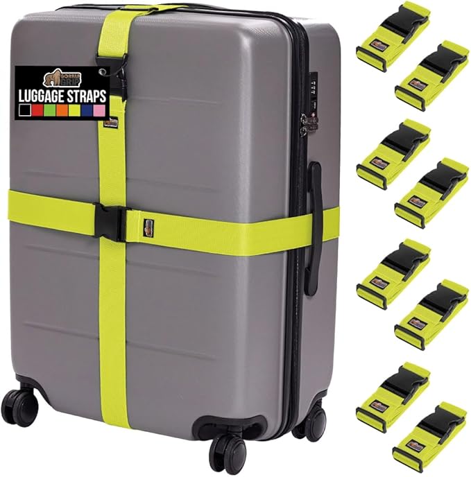 GORILLA GRIP Heavy Duty 8 Pack Adjustable Luggage Straps for Suitcases, Easy to Identify Travel Belt Connector Holds Suitcase Together, Extends Life of Bag, Strap Connects Two Bags, Accessories Yellow
