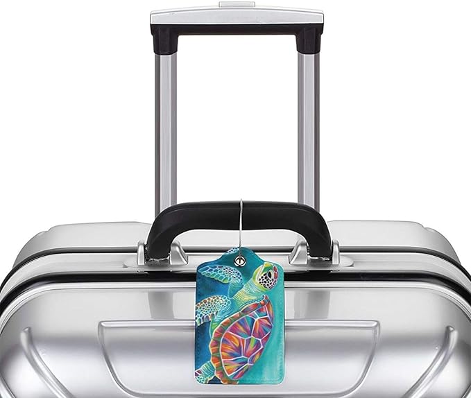 Sea Turtle Leather Luggage Tag with Stainless Steel Ring, Fun Name Id Card Cover Travel Bag Tag Set, Suitable for Travel Bag Luggage Women Men 1 PCS