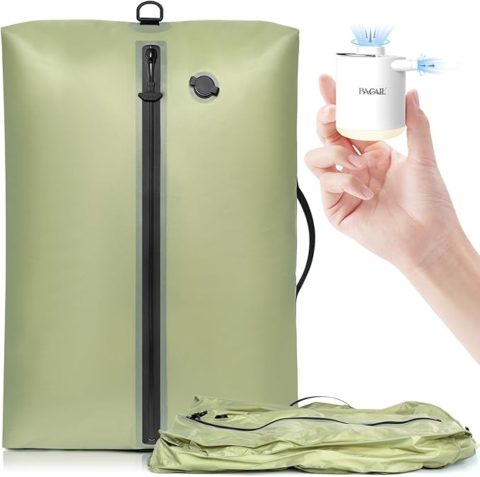 BAGAIL TPU Vacuum Bag for Travel, Reusable Compression Bag with IPX8 Waterproof Zipper, Save Space for Suitcase, Backpack and Carry on (Green, ExtraLarge, With Pump)