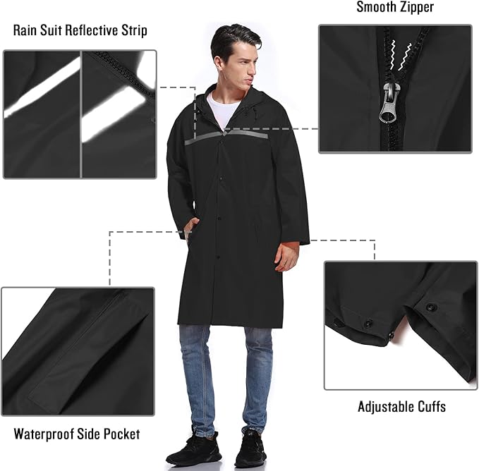 Mens Long Hooded Safety Rain Jacket Waterproof Emergency Raincoat Poncho