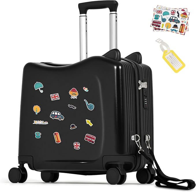 smilesun 20" Ride-On Travel Suitcase for Kids, Cute Ear Toddler Carry on Luggage with Spinner Wheels, Children Rolling Trolly Luggage with Combination Lock (Coal Black with Rope)