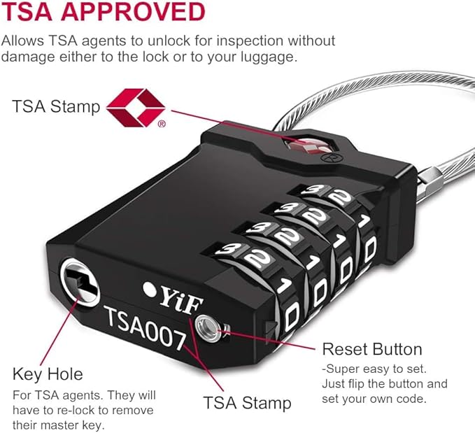 ZHEGE TSA Approved Cable Locks Flexible, Travel Lock Zipper Bag, 4 Digit Luggage Combination Lock with Open Alert Indicator for Suitcase, Backpack, Baggage (1 Pack, Yellow)