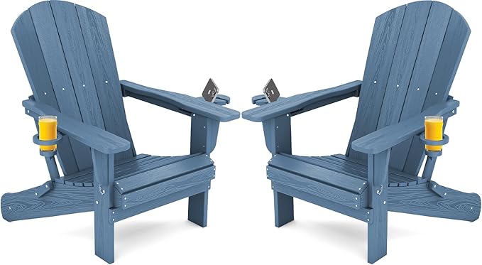 SERWALL Folding Adirondack Chair, HDPE Adirondack Chairs Set of 2, Plastic Outdoor Chairs- Looks Exactly Like Real Wood- Navy