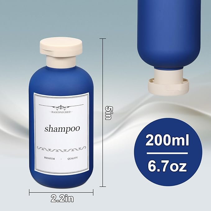 ASEVAT 6.7oz Airtight Plastic Travel Shampoo Bottles, Travel Shampoo and Conditioner Bottles Refillable, Empty Travel Size Shampoo Bottle, Hand Soap Dispenser for Vacation, Gym, Home(Navy)