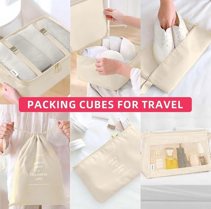 9 Set Packing Cubes for Suitcases, Aydicon Travel Luggage Packing Organizers with Laundry, Toiletry Bag, Compression Storage Shoe Bag, Toothbrush Case, Travel Essentials (Cream)
