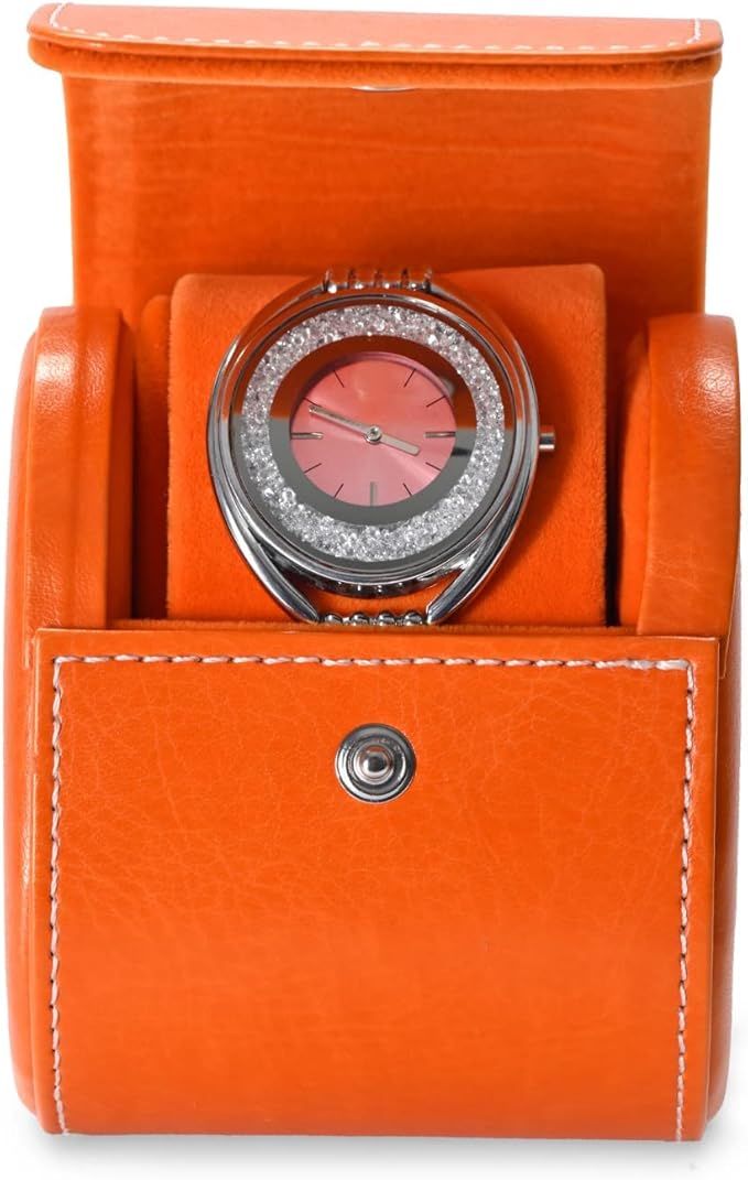 Oirlv Luxury Leather Travel Watch Case Single Watch Box for Women Portable Jewelry Watch Storage Roll Organizer(Orange)