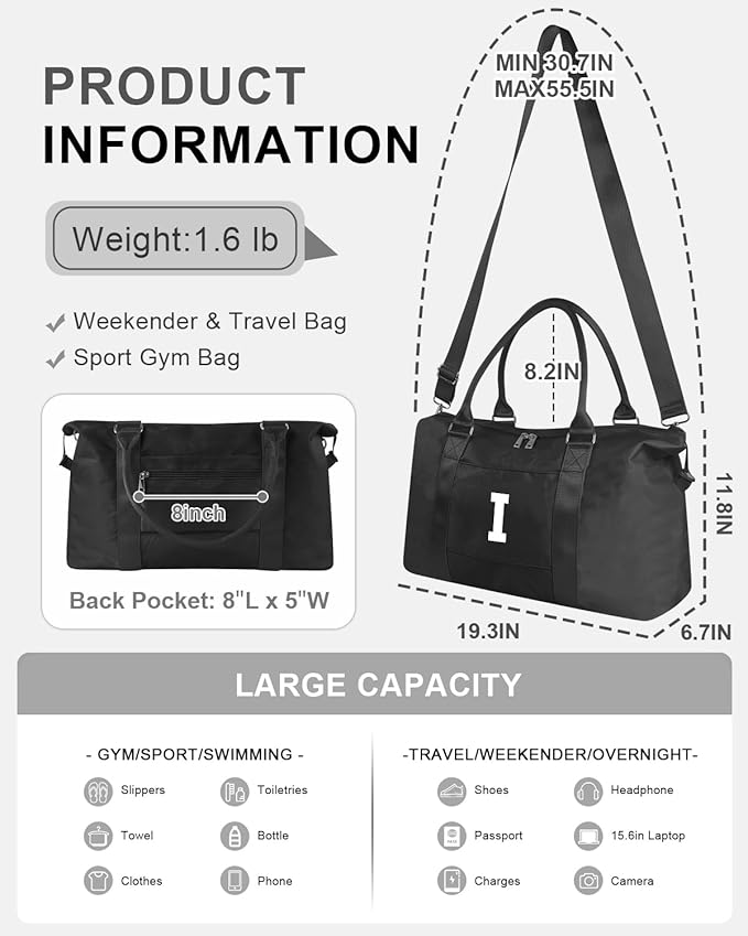 Initial Travel Duffel Bag Sports Gym Bag for Boys Teen Birthday Gifts,Black Personalized Weekender Bag Carry On Tote Bags for Men,Waterproof Overnight Luggage Bag Airplane Travel Essentials(Letter I)