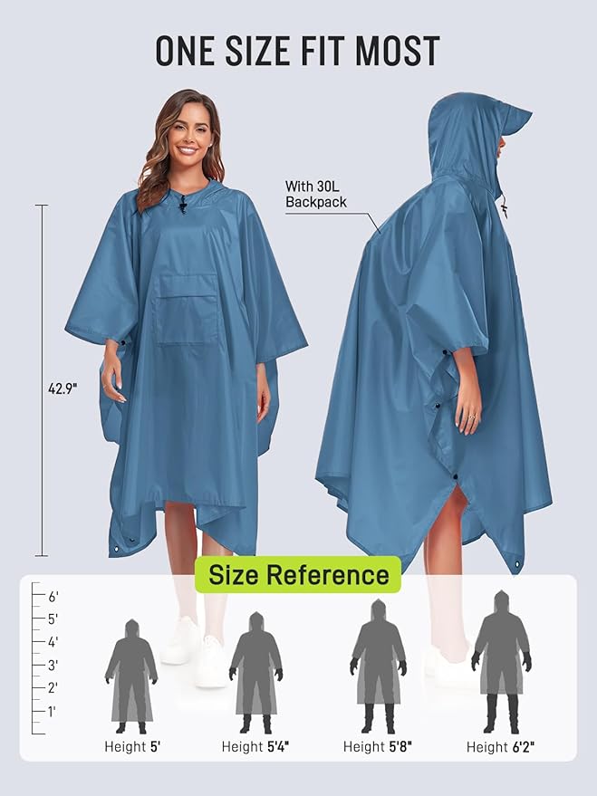 SaphiRose Extra Thick Hooded Rain Poncho Double Layer Waterproof Raincoat Jacket for Men Women Adults