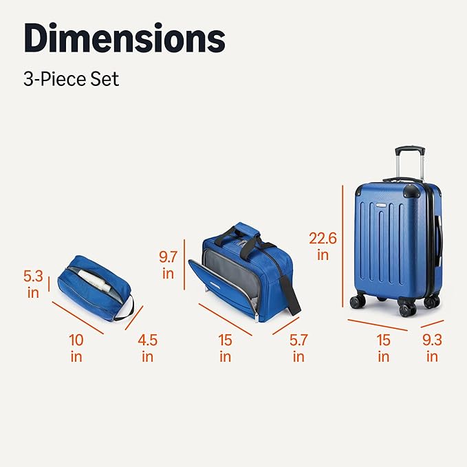 Amazon Basics 3-Piece Luggage Set, Including Carry-On Luggage (22" Expandable Hardside Suitcase With 8 Spinner Wheels), 15" Tote Bag, and 10" Compact Travel Bag, Navy Blue