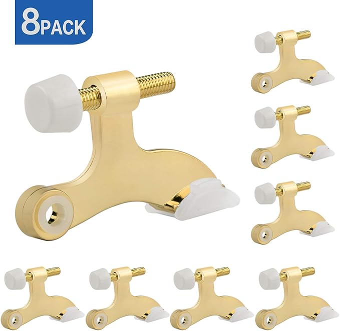 HOMOTEK 8 Pack Hinge Pin Bright Brass Door Stopper, Gold Door Stops, Adjustable Deluxe Heavy Duty Door Stopper 2-1/2"x1-3/4”,with White Rubber Bumper Tips