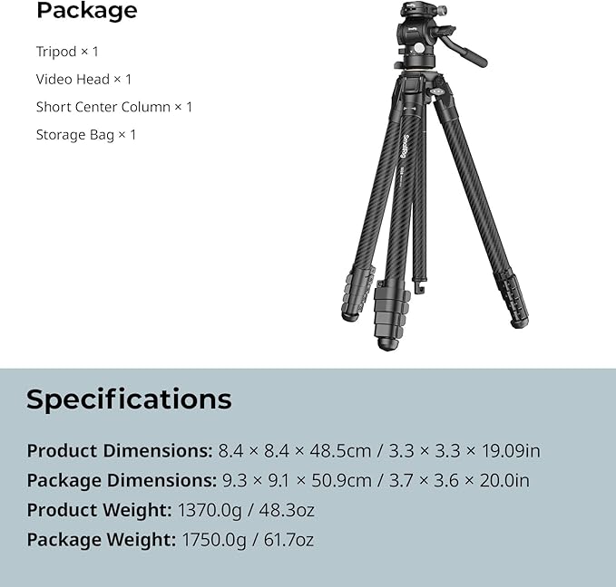 SmallRig Portable Carbon Fiber Travel Tripod Kit, 61.8'' Video Camera Tripod Monopod Video Head, Built-in QR Plate for Arca, Switchable Centre Column, Max Load 3kg / 6.6lb for Cameras, DSLR