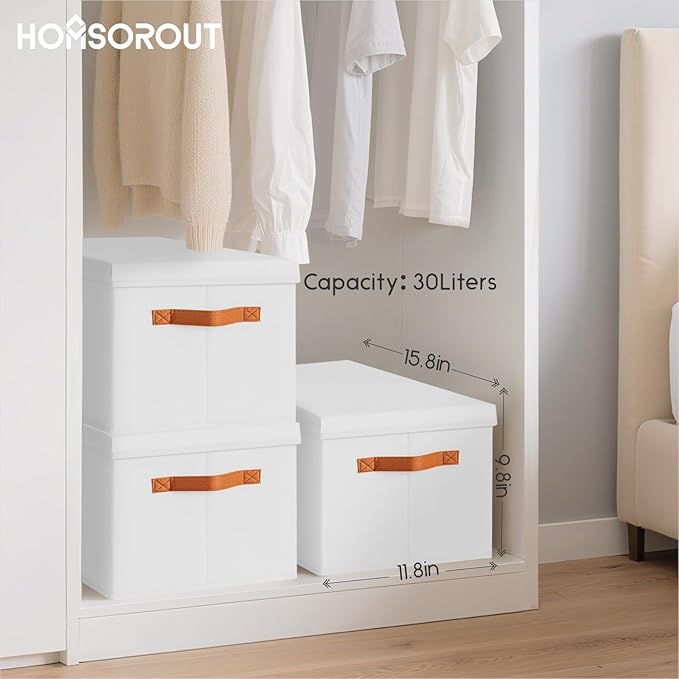 Storage Bins with Lids - Large Fabric Closet Bins with Lid, 6 Pack Clothes Organizers and Storage, Collapsible Stackable Cube Basket for Home, Office, Dorm, White