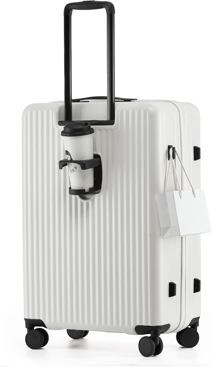 26 Inch Top Opening Checked Travel Luggage Expandable with Spinner Wheels,All PC Hard Shell Hardside Lightweight Medium Suitcase with TSA Approved Cup Holder for Business Trips Woman Men,White