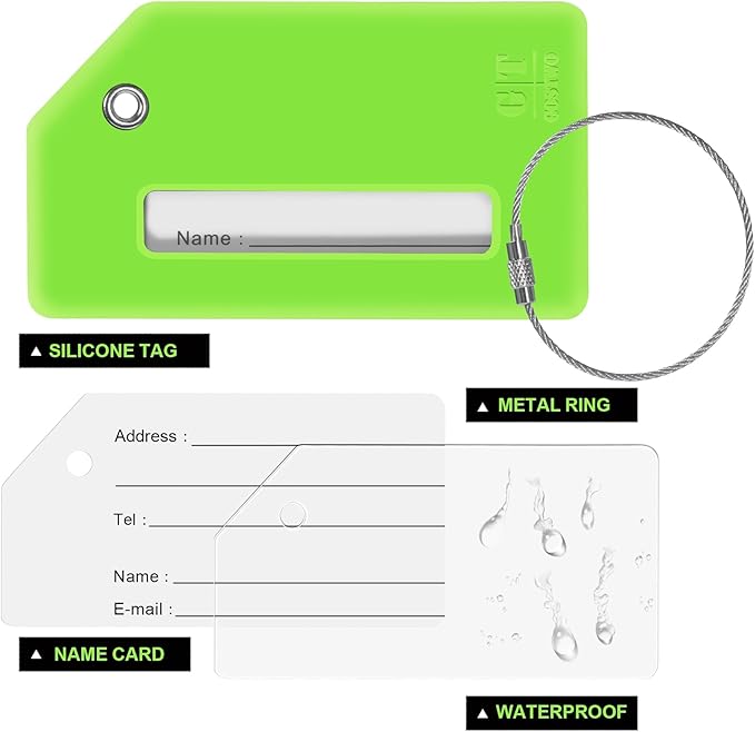 8 Pcs Luggage Tags for Suitcases, 26 Initial Letter Travel Luggage Baggage Identification Labels ID Tags Fully Bendable Tags with Stainless Steel Loop (Letter G, Green)