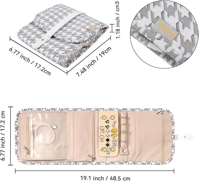 Voova Travel Jewelry Holder Organizer Case, Small Jewelry Storage Bag for Women Girls, Foldable Traveling Jewellery Pouch Roll for Necklaces Rings Earrings Bracelets, Mini, Grey+White
