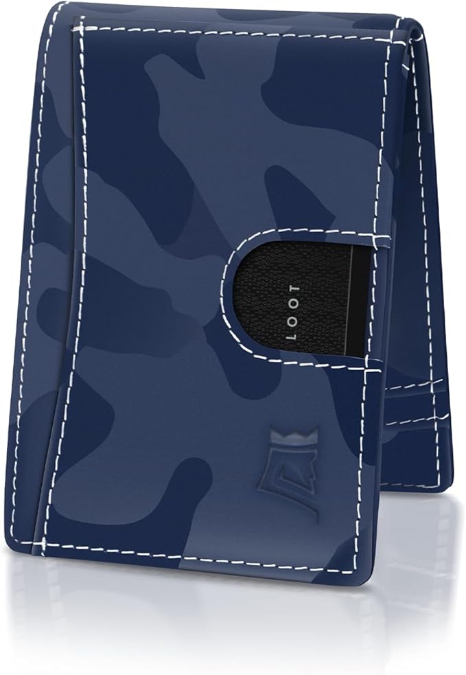 Kings Loot Money Clip Slim Minimalist Wallet for Men | RFID Blocking Leather Design with Money Clip | Front Pocket Bifold Holds 12 Cards | Stylish & Compact Wallets (Camo Blue)