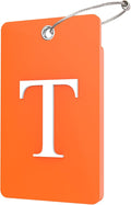 Gostwo 2 Pack Luggage Tags for Suitcases, 26 Initial Letter Travel Luggage Baggage Identification Labels ID Tag Fully Bendable Tags with Stainless Steel Loop (Orange) (Letter T)