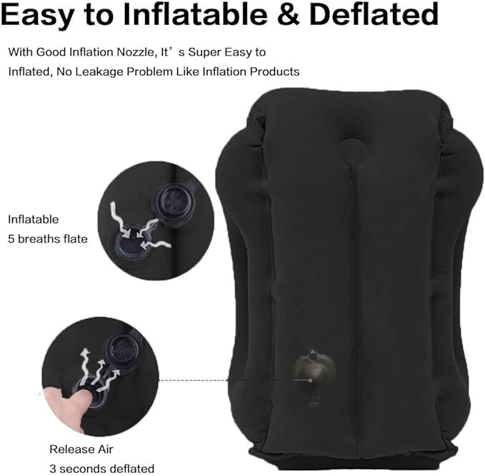 Inflatable Travel Pillow for Airplane, Neck Air Pillow for Sleeping to Avoid Neck and Shoulder Pain, Support Head and Lumbar, Used for Airplane, Car, Bus and Office (Black)