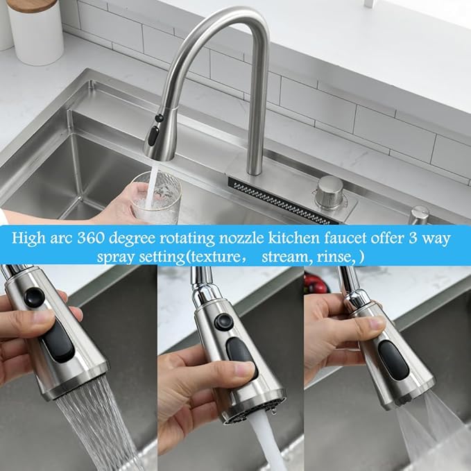 33 Inch Drop In Waterfall Kitchen Sink Workstation-Bokaiya 33x19 Drop In Kitchen Sink with Faucet Combo Stainless Steel Waterfall Sink Top Mount 16 Gauge 10" Deep Single Bowl Kitchen Sinks