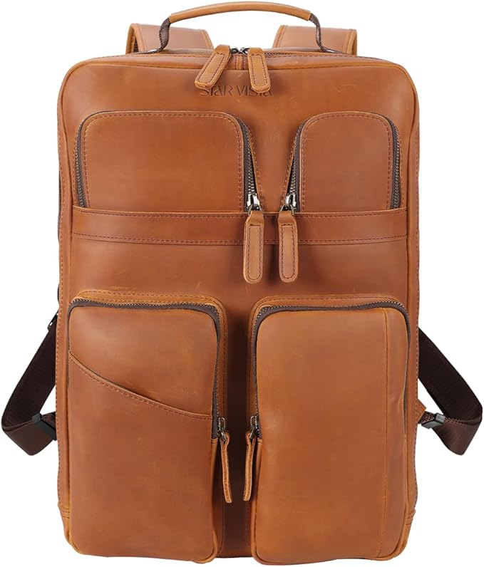 STAR VISTA Angelo 17.3" Vintage Full Grain Leather Laptop Backpack for Men, Multi Pockets, Casual Outdoor Business Travel Rucksack, YKK Zippers, Light Brown
