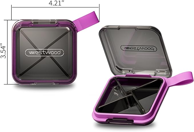 1 Pack Purple Pill Organizer with Strap, 4 Compartments, Compact Travel Pill Box Case, Portable and Moistureproof to Store Vitamins, Medication and Supplements