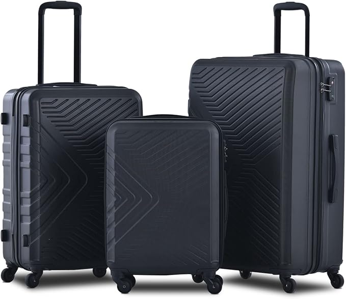 Campfun 3 Piece Luggage Sets, Hardshell ABS Luggage with TSA Lock, Carry On Suitcase Sets Lightweight Durable with 2 Hooks & Spinner Wheels, 20in/24in/28in - Black(C)