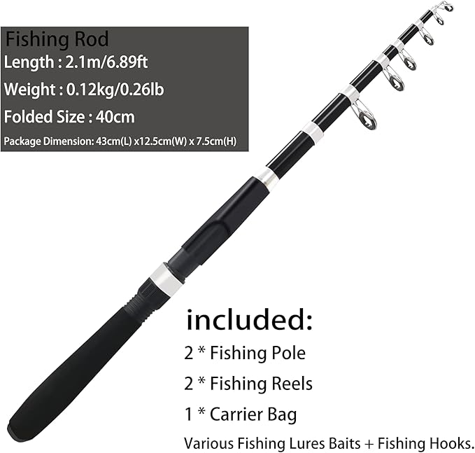 Fishing Pole Combo Set,2.1m/6.89ft 2PCS Collapsible Rods 2PCS Spinning Reels Lures Set Carrier Bag Carbon Fiber Telescopic Fishing Rods Sea Saltwater Freshwater Kit Fishing Rod Reel Combos