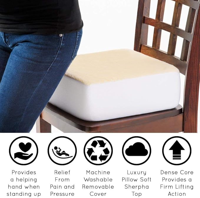 Comfort Finds Rise with Ease Seat Cushion - Thick Firm Chair Cushion Booster - Extra Thick Foam Pad for Home, Patio, Office and Car Seats - Extra Supportive Lift - 14 X 14 X 5 (Sherpa Cream)