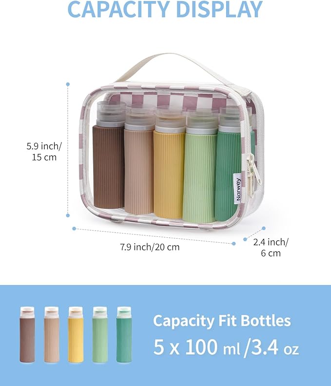 Narwey TSA Approved Clear Toiletry Bag for Travel, Waterproof PVC Clear Makeup Bags, Portable Compact Cosmetic Bag Make Up Organizer, Airport Airline Quart Size Compliant Bag (Dusty Pink Checkerboard)