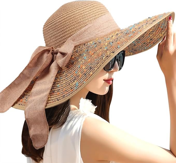 DRESHOW Beach Hats for Women Big Straw Wide Brim Summer Hat Floppy Foldable Roll up Cap Sun Hat UPF 50+