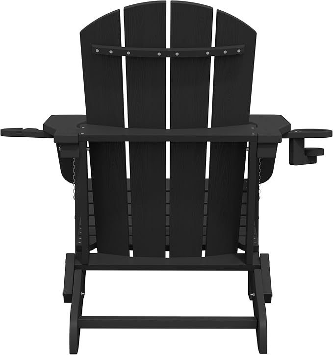SERWALL Folding Adirondack Chair, Dual Cup Holders & All-Weather HDPE, Wood-Like Patio Chair for Backyard, Camping，Pool & Fire Pit- Black