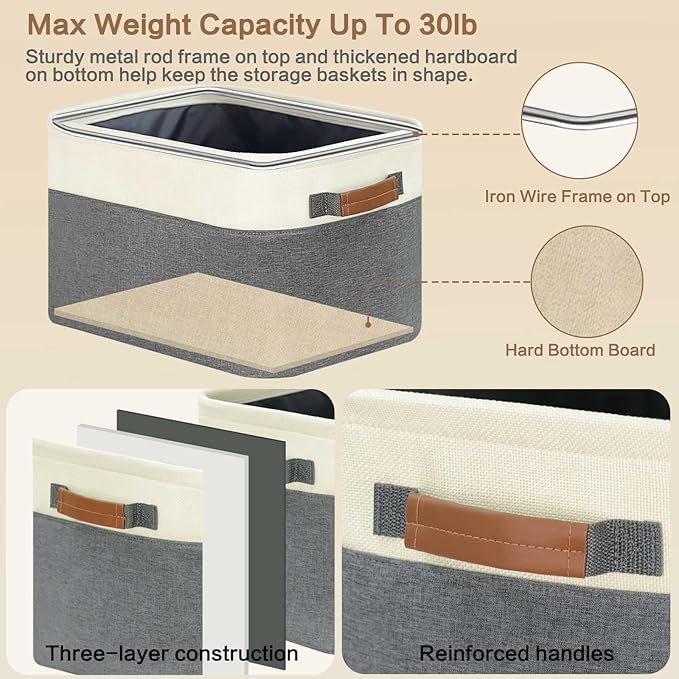 GhvyenntteS Large Fabric Storage Baskets for Shelves with Metal Frame Opening & Hard Bottom Board, Collapsible Fabric Storage Bins for Shelves with Handles (15x11x9.6 Inch, 3 Pack, Grey)