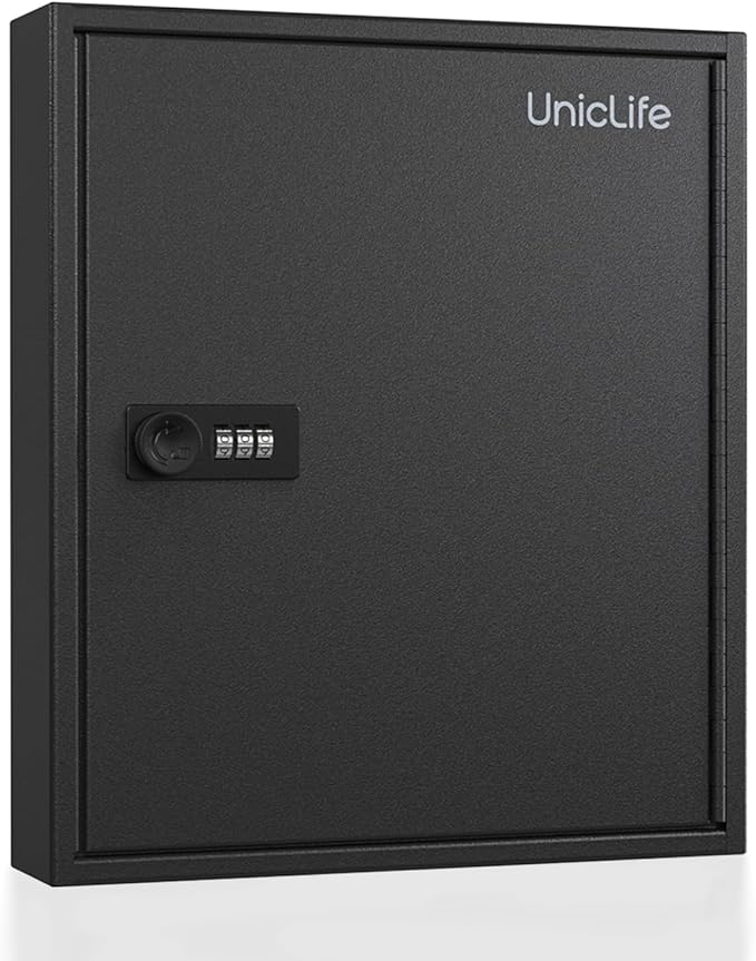 Uniclife 60 Position Slotted Key Cabinet with Combination Lock Resettable Black Digital Security Storage Box Steel Key Organizer with Slotted Racks White Key Tag Labels and Permanent Pen